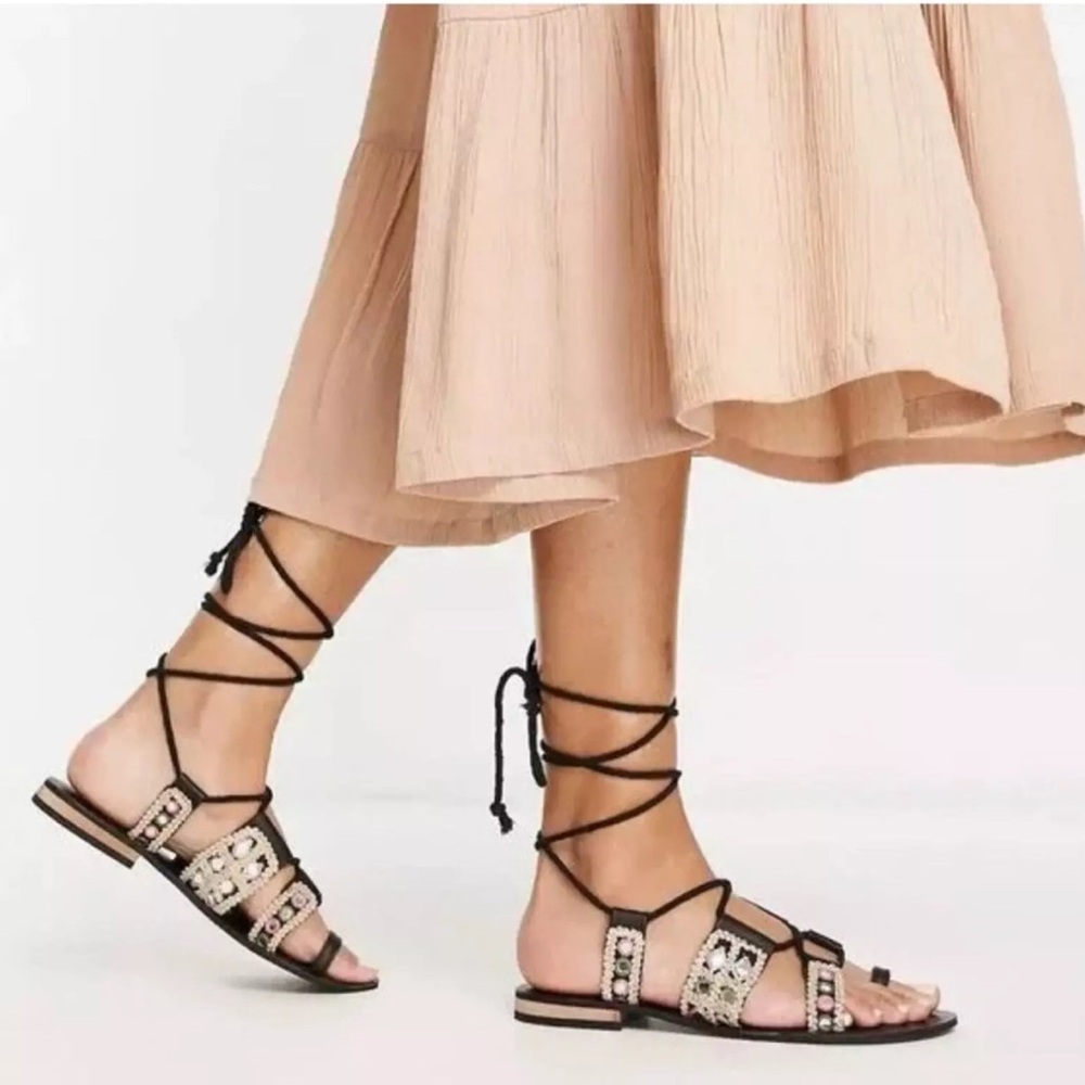 Free People Mantra Mirror Flat Lace Up Sandals in Black Size 37.5 New in Box